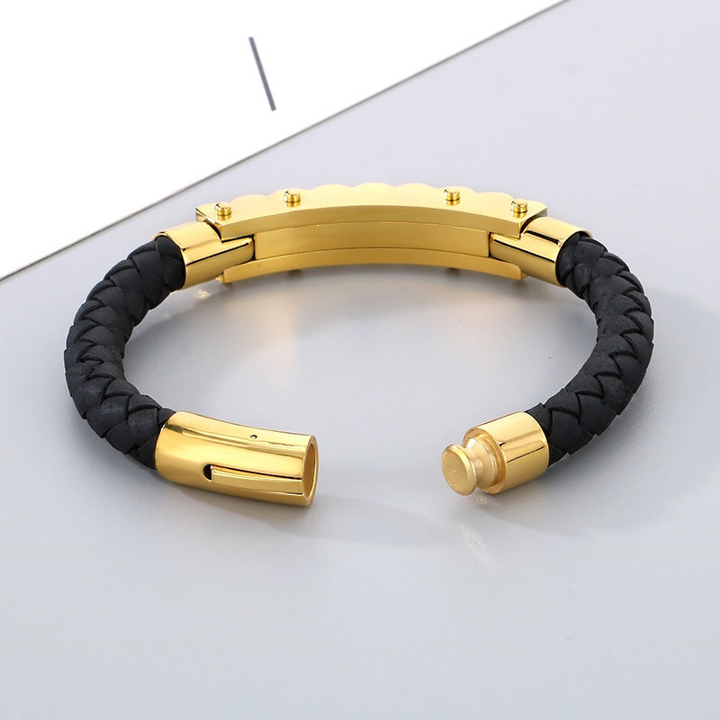 Business Style Strap Chain Woven Leather Rope Bracelet – Stainless Steel Bicycle Chain