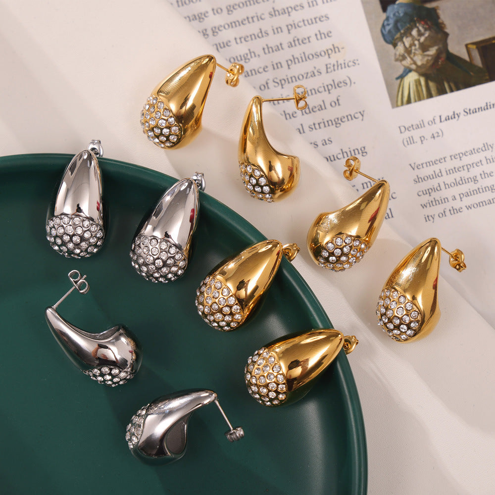 Chic Geometric Water Drop Zircon Earrings in Gold-Plated Titanium Steel