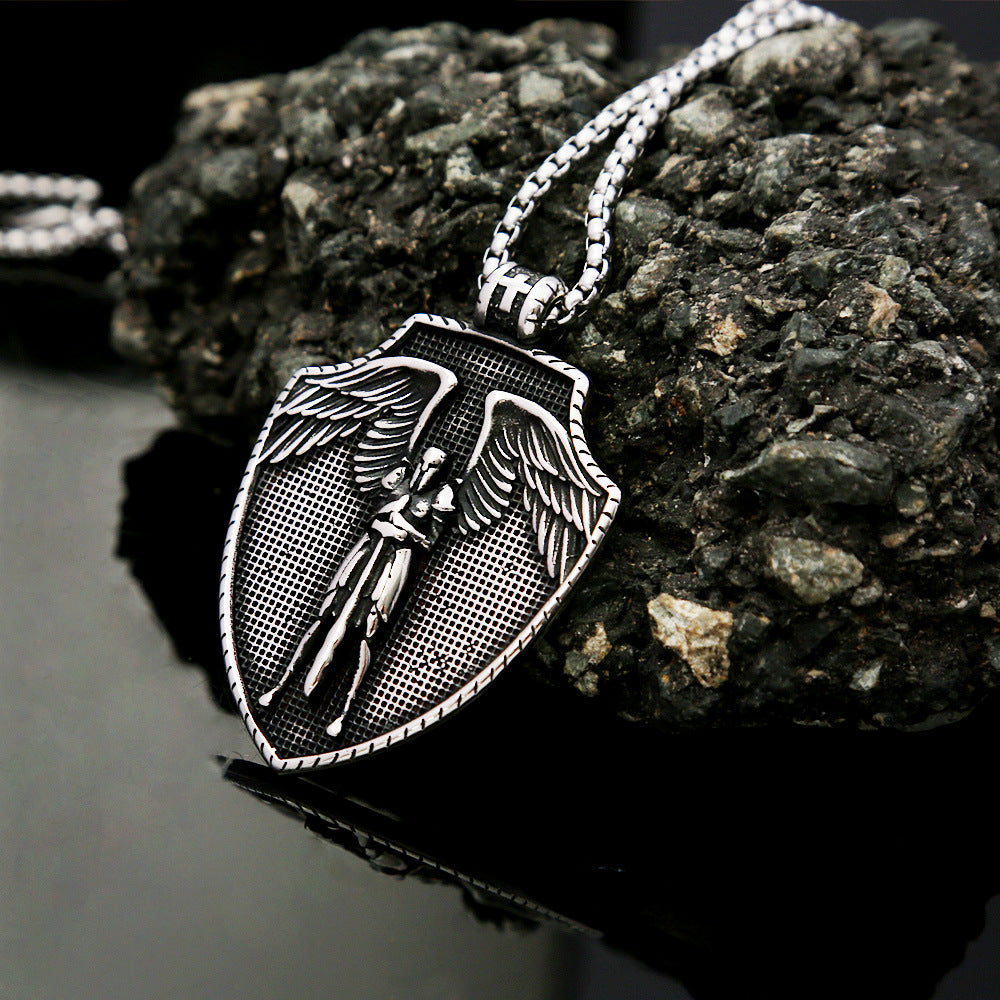 St. Michael's Vintage Men's Titanium Steel Angel Cross Pendant