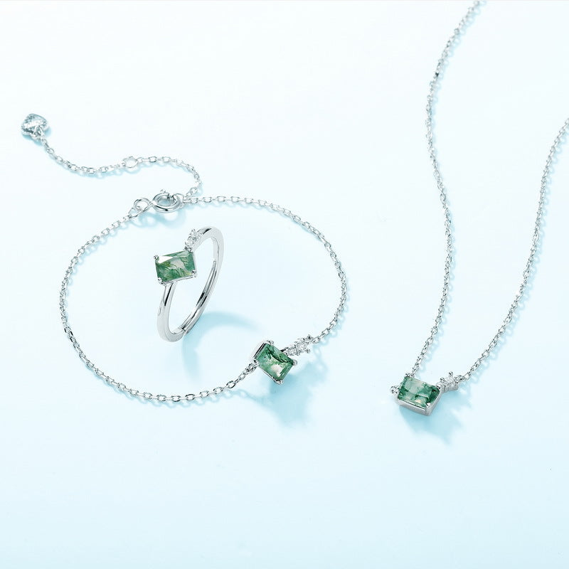 S925 Sterling Silver Moss Agate Square Jewelry Collection