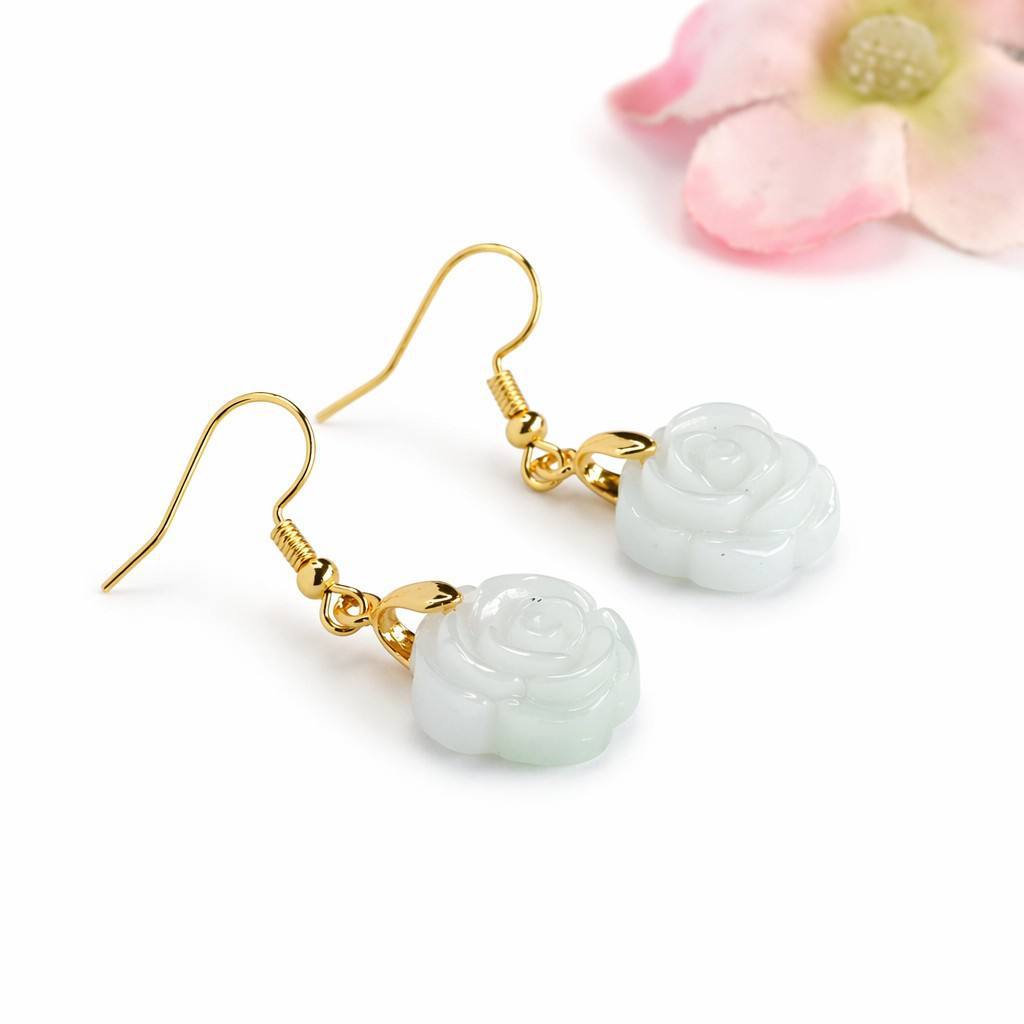 Jadeite Rose Flower Hook Earrings