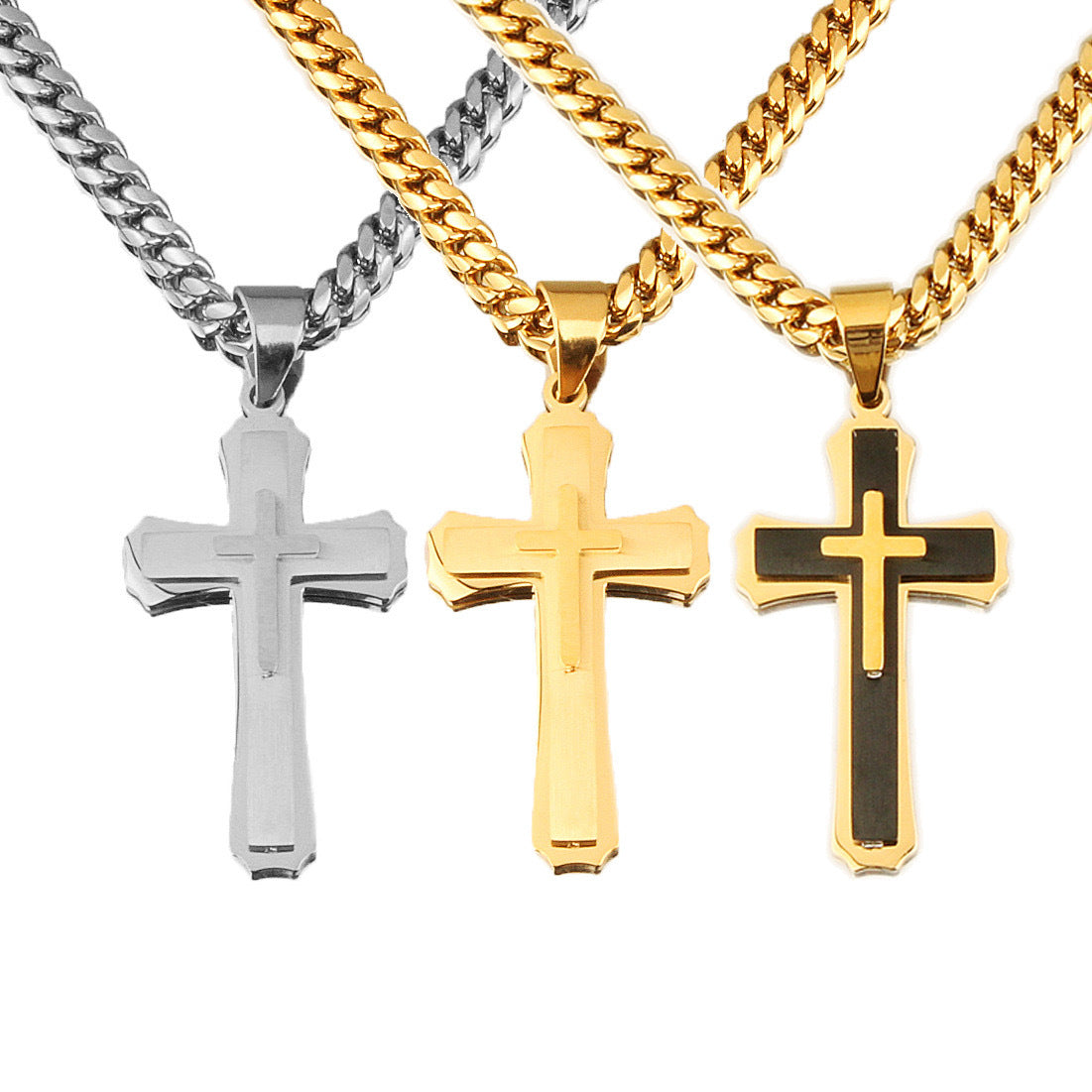 Planderful Three Layer Cross Pendant Necklace Stainless Steel Cuban Chain Unisex Gift