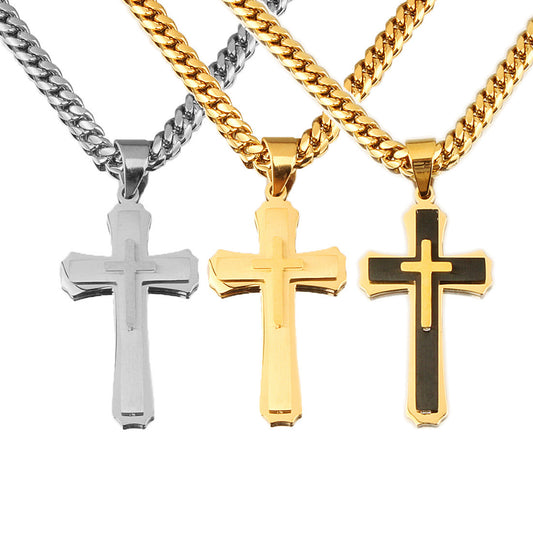 Planderful Three Layer Cross Pendant Necklace Stainless Steel Cuban Chain Unisex Gift