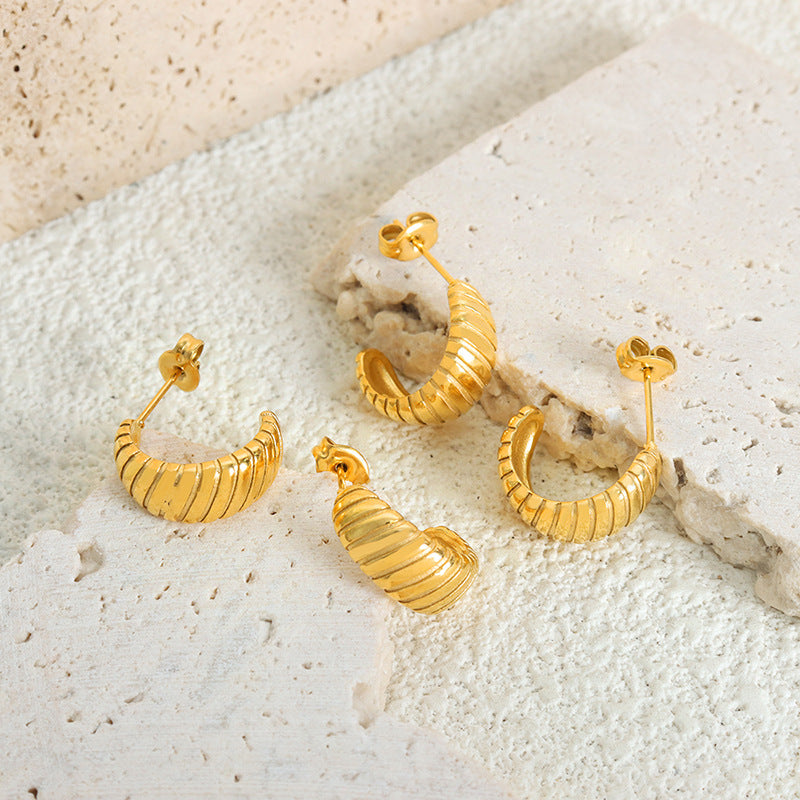 Chic French-Inspired Titanium Steel Earrings with Carved Diagonal C-Shape for Women