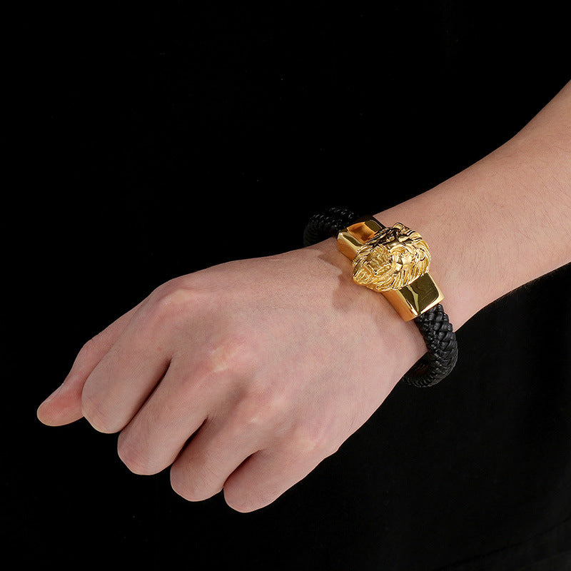 Two-Layer Leather Woven Bracelet – Casting Lion Head Snake Head Ghost Head Titanium