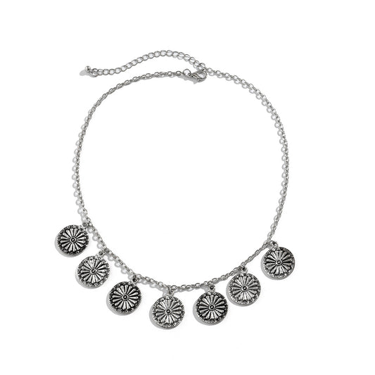 European and American Punk Metal Cross Chain Necklace with Retro Tassel Flower Plate