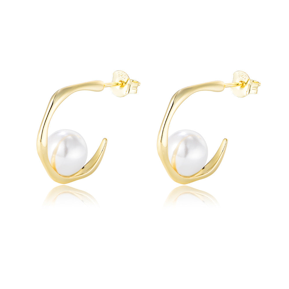 Geometric C-Shaped Shell Bead Silver Stud Earrings S925 Sterling Silver Pearl Earrings