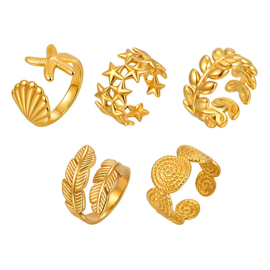 Design Sense Of Women's – Stainless Steel Starfish Feather Star Leaf Opening Ring