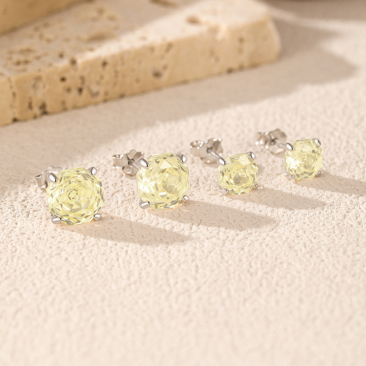 925 Sterling Silver Octagonal Soft Yellow Zircon Stud Earrings