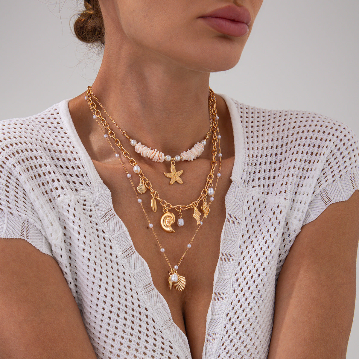 Planderful Vienna Verve Necklace – Elegant Multi-Layer Shell and Starfish Design