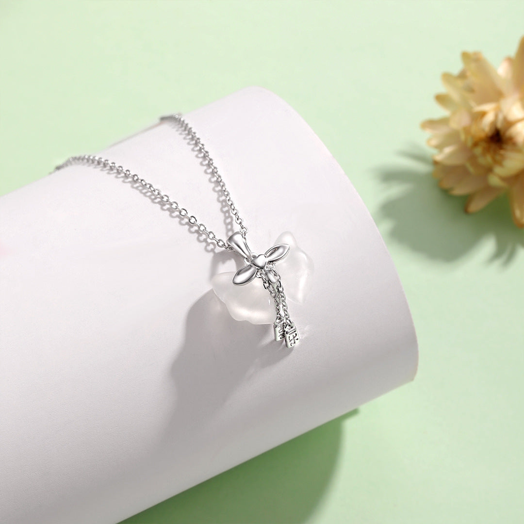 Planderful S925 Sterling Silver Butterfly Ice Chalcedony Necklace for Women Elegant Clavicle Chain