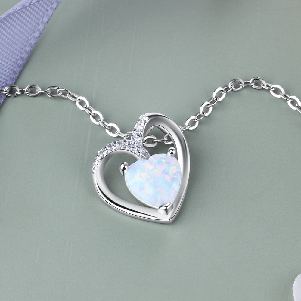 Planderful Jewelry Opal Heart Necklace in Sterling Silver Pendant for Everyday Elegance