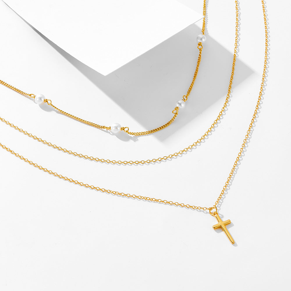 Retro Pearl Cross Pendant Sterling Silver Necklace Layered Stacked