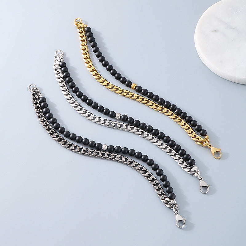 Planderful Mens Beaded Bracelet Black Agate Double Layer