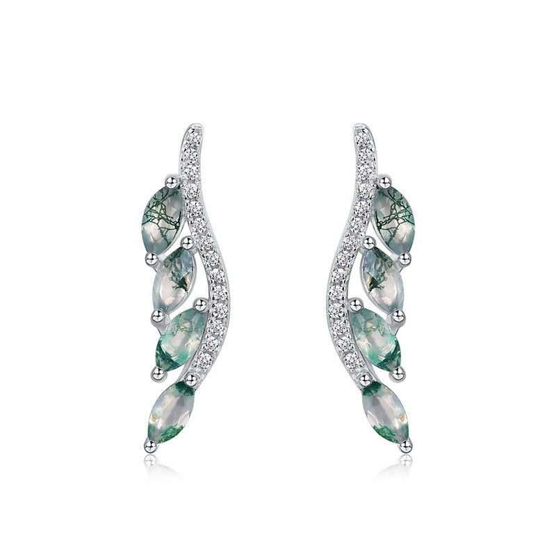 S925 Sterling Silver Moss Agate Minimalist Drop Earrings