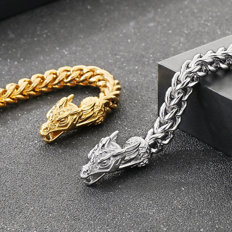 Planderful Zodiac Dragon Titanium Steel Mens Bracelet