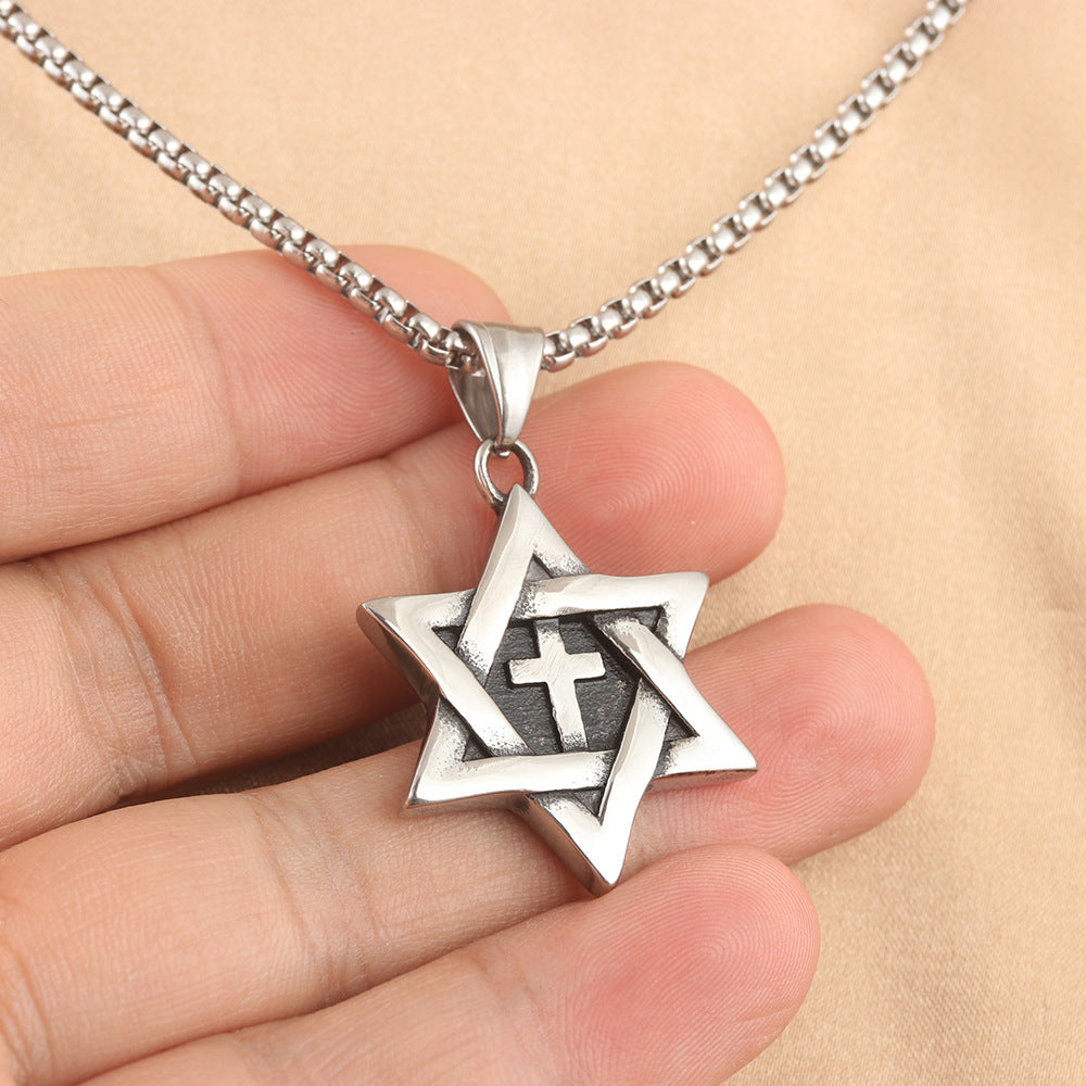European And American Stainless Steel Cross Hexagram Pendant