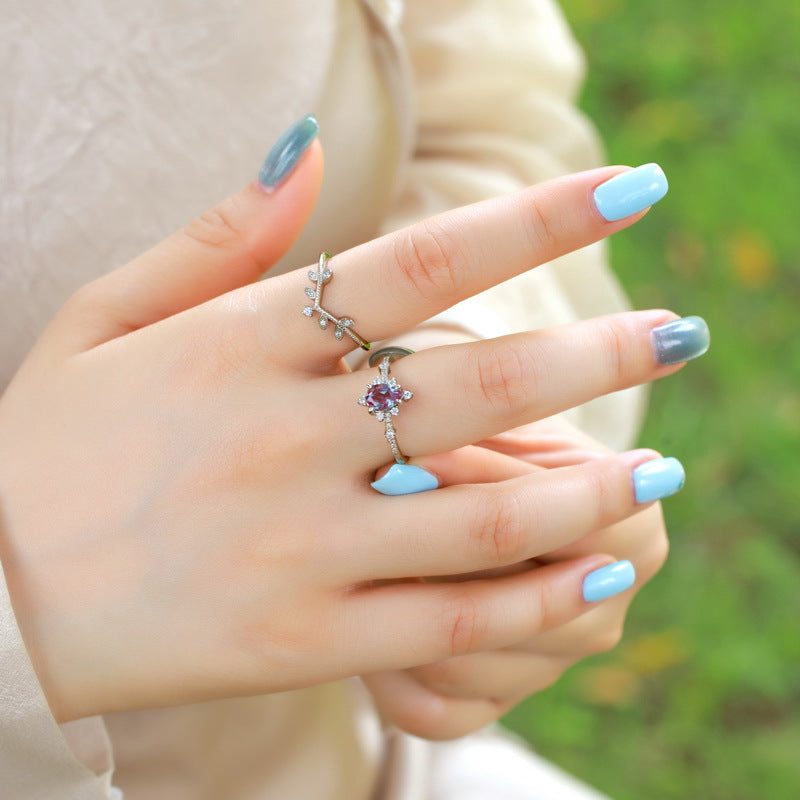 Planderful Jewelry Alexandrite Ring in Sterling Silver V Shape Zircon Leaf Design