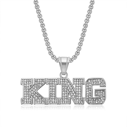 Planderful Hip Hop Jewelry King Pendant Necklace Gold Plated Zircon Titanium Steel For Urban Style Enthusiasts