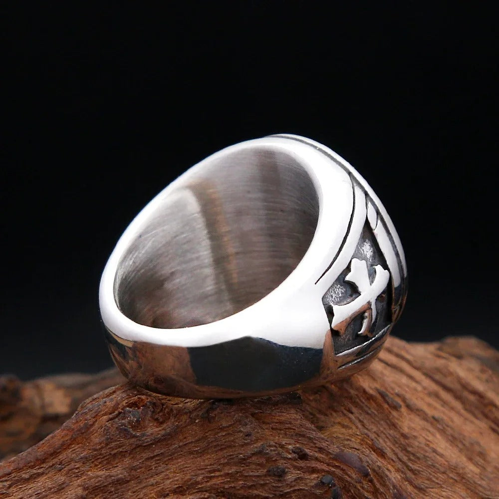 Planderful Archangel Michael Titanium Steel Ring With Angel Wings Cross For Men Mythic God Of War Design