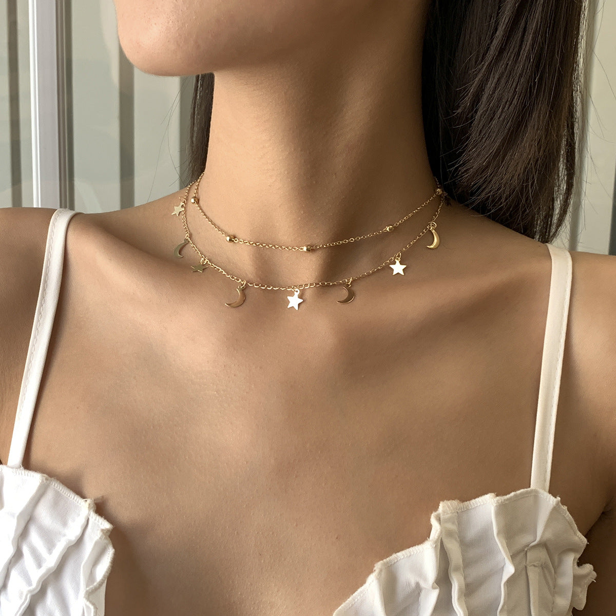 Planderful Vienna Verve Star Moon Fringed Necklace For Women Geometric Bead Collarbone Statement Jewelry