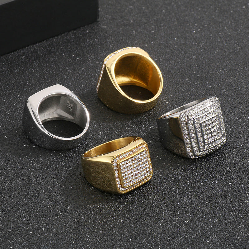 Hip-Hop Square Ring, Luxury Vacuum Plating Full Of Zircon Titanium Steel Men's Ring