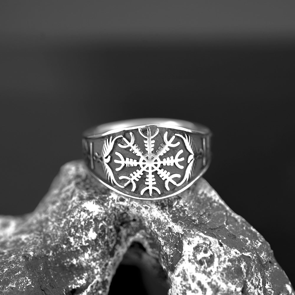 Planderful Viking Rune Ring For Men Personalized Celtic Compass Crow Design In Titanium Steel
