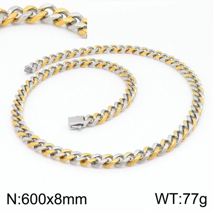 Stainless Steel Cuban Chain Bracelet, Rock Street Men's Vacuum Plated Four-Sided Grinding Square Necklace