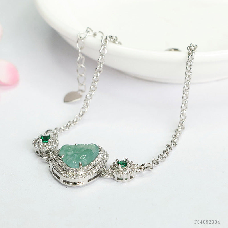 Blue Water Jadeite Buddha Pavé-Style Bracelet
