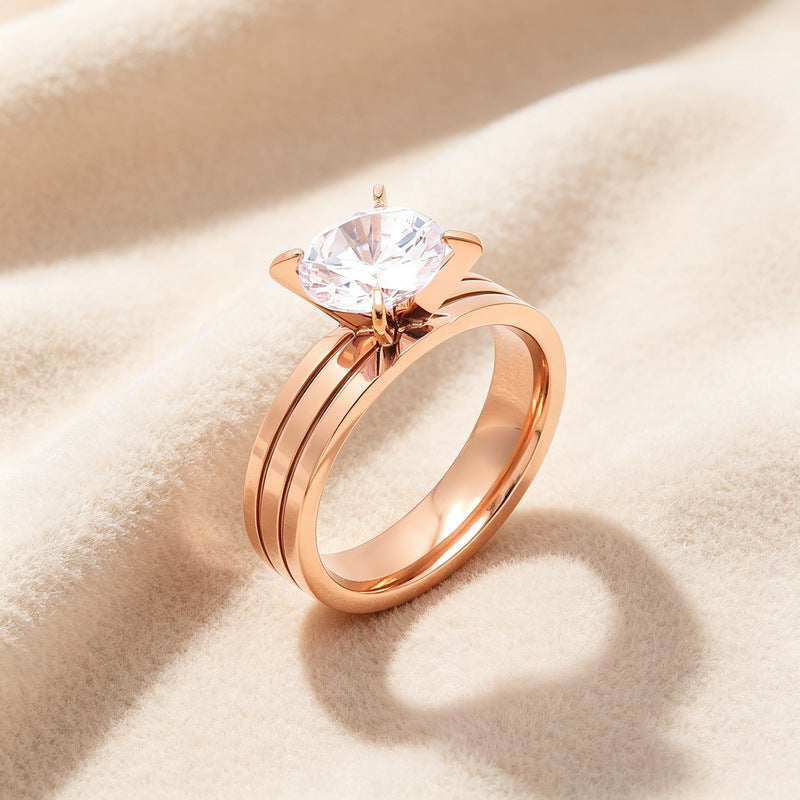 Four-Claw Zircon Double-Groove Ring, Fashionable Stainless Steel Couple Marriage Proposal, Women's