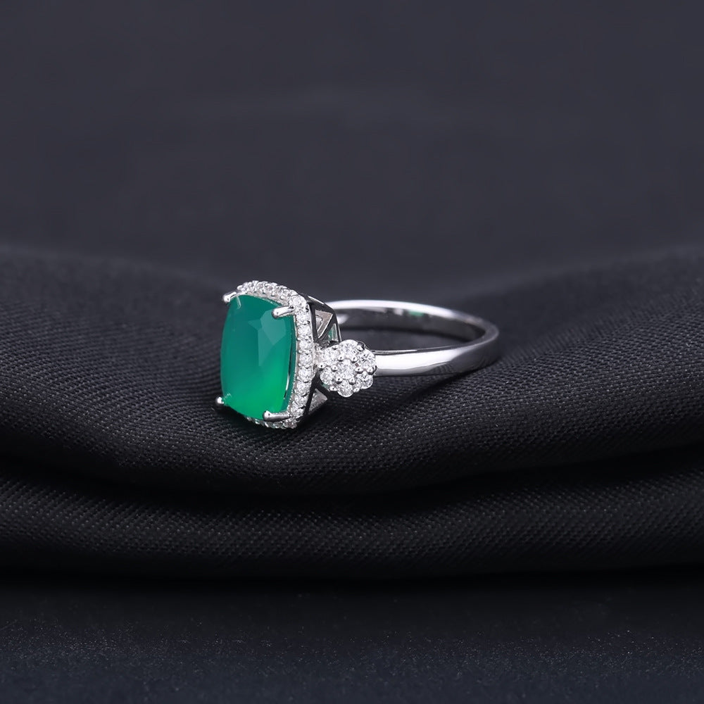 Soleste Halo Radiant Cut Natural Green Agate Silver Ring
