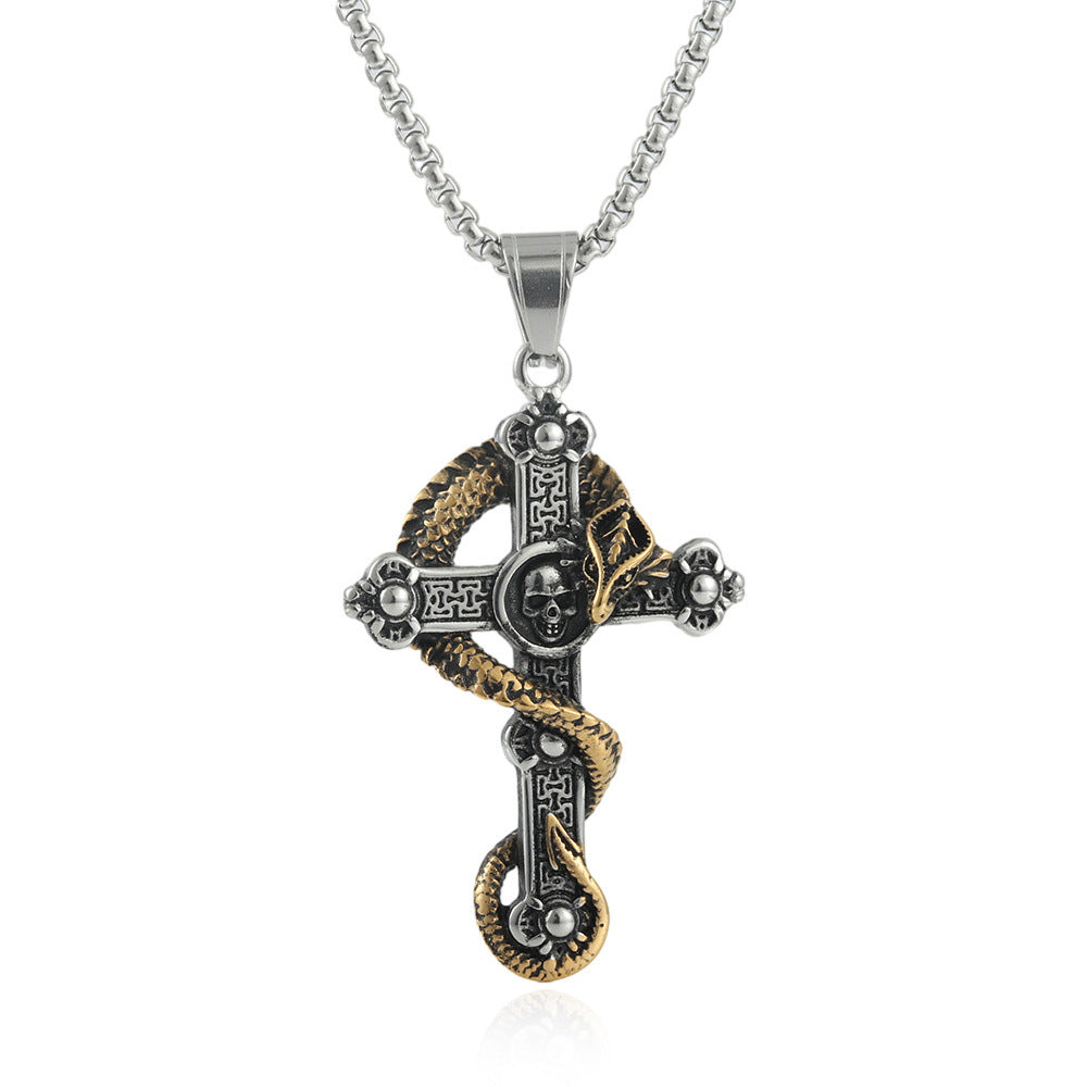 European And American Stainless Steel Skull Pendant Men's Trendy Retro Titanium Steel Cross Necklace