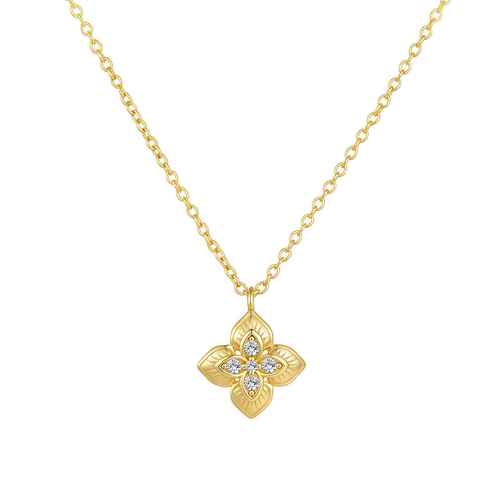 Wind Four-Leaf Clover Pendant Necklace 925 Sterling Silver Inlaid Zircon