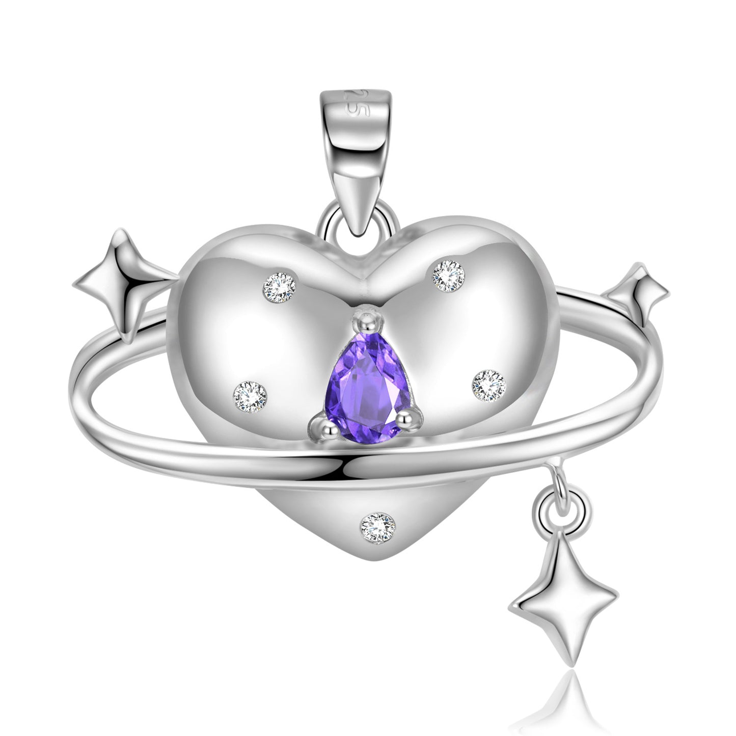 Heart Shape Planet with Pear Shape Purple Zircon Silver Necklace