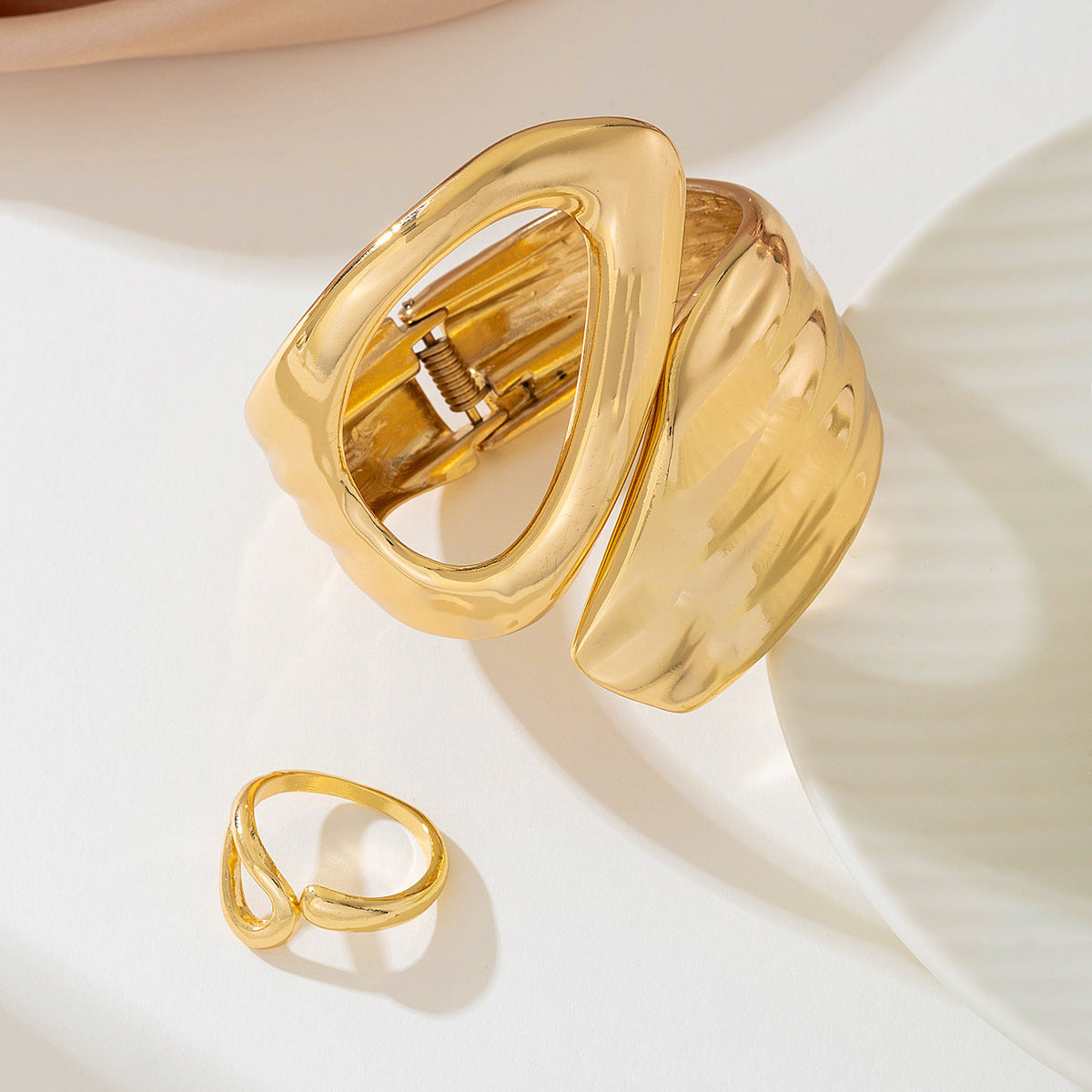 Stylish Metal Geometric Women's Bracelet Ring Set by Planderful