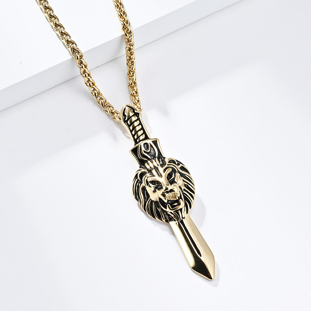 Cross-Border Retro Lion Head Longsword Necklace for Men