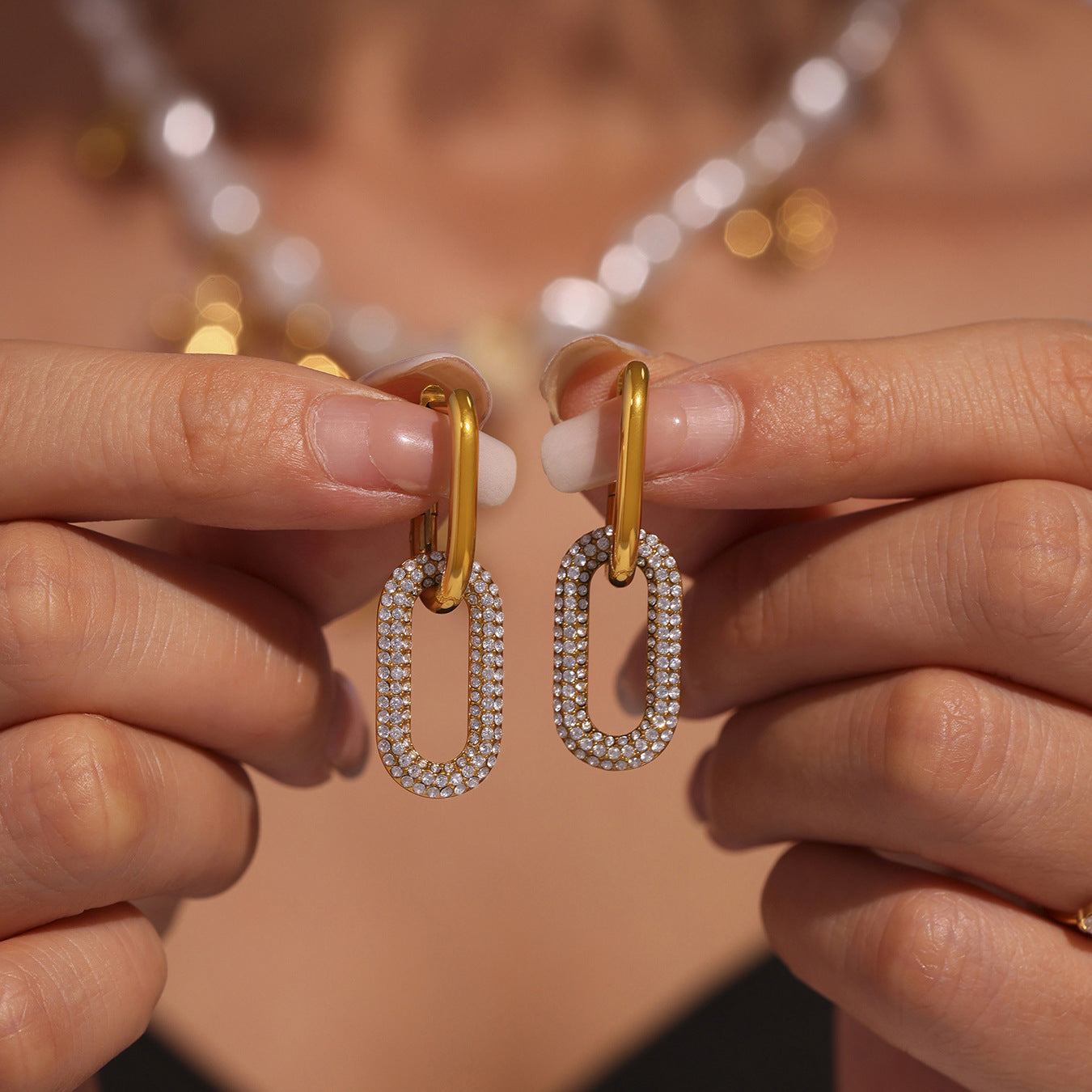 Planderful Stainless Steel Double Oval Ring Earrings Zircon