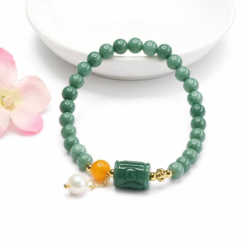 Blue Water Jadeite Barrel Bead Beaded Bracelet