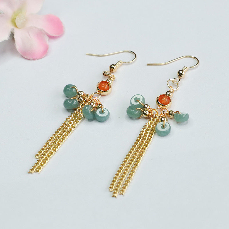 Ancient Style Natural Jade Earrings with Blue Abacus Beads and Tassel Earhook
