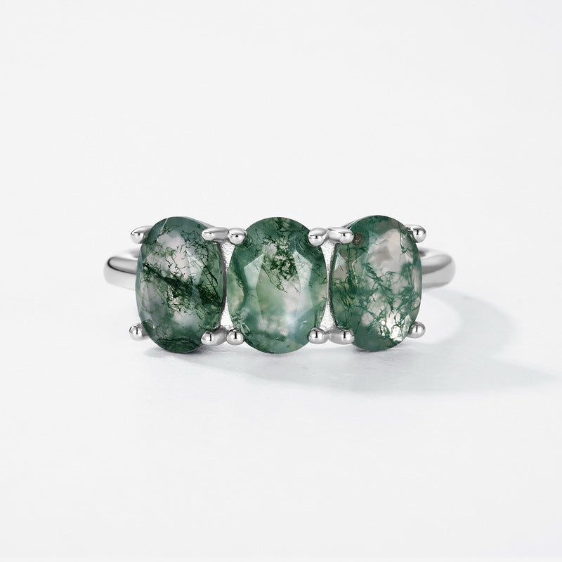 Planderful Jewelry Three Oval Green Moss Agate Ring in Sterling Silver Light Luxury Design