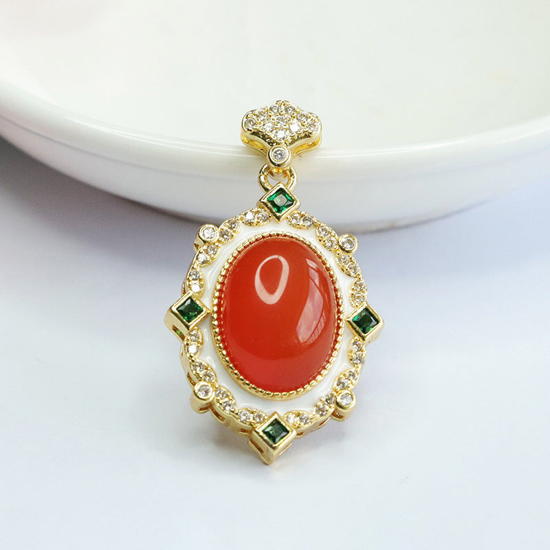 Red Agate Zircon Pendant Necklace with Sterling Silver Chain