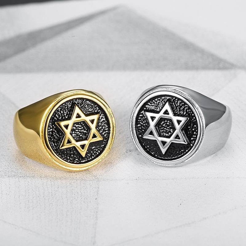 Planderful Everyday Genie Mens David Hexagram Ring Titanium Steel Gold Plated Band