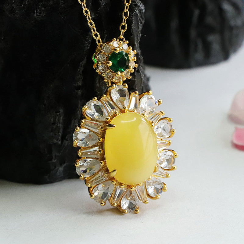 Sunflower Amber Zircon Pendant with Sterling Silver Chain - Women's Jewelry