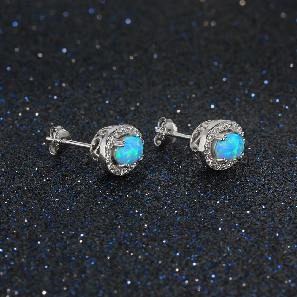 Planderful Jewelry Sterling Silver Opal Stud Earrings With Blue Oval Opal And Zircon Halo