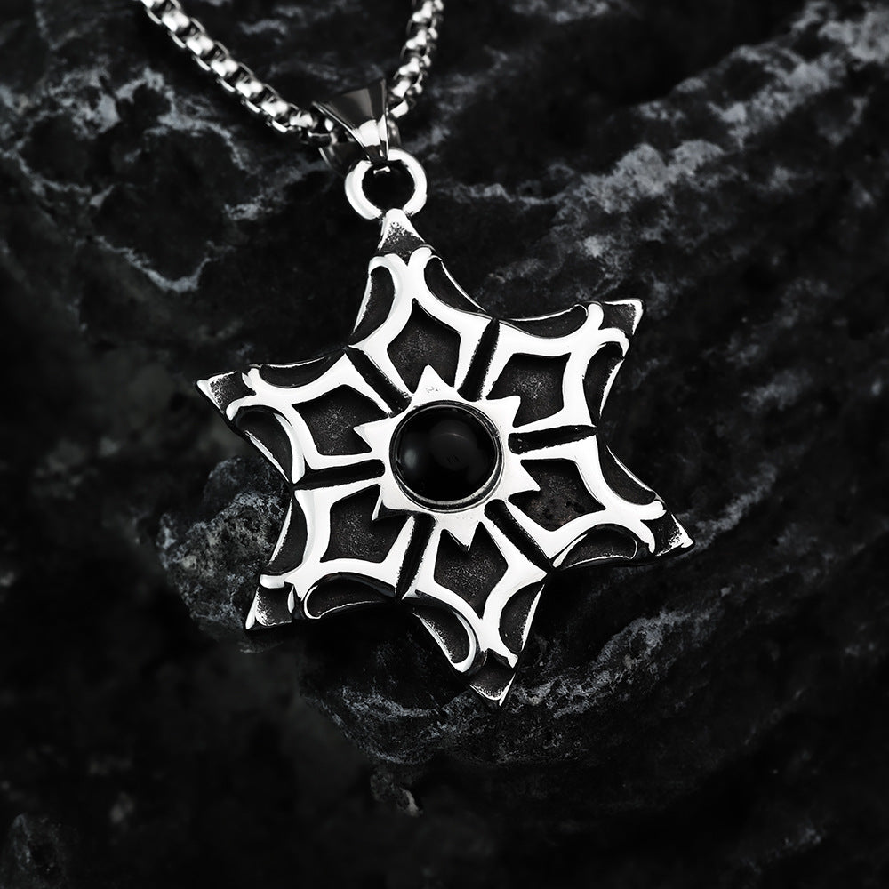 European And American Retro Men's Pendant Necklace With Black Gemstone Hexagram