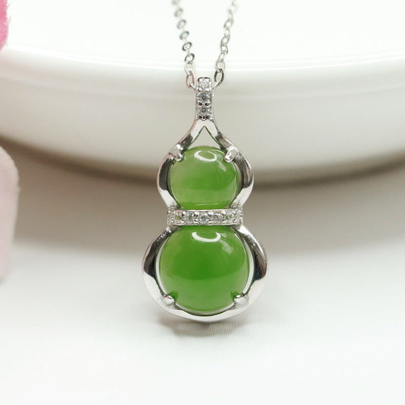 Hotan Jade and Russian Jasper Gourd Necklace with Sterling Silver Inlay
