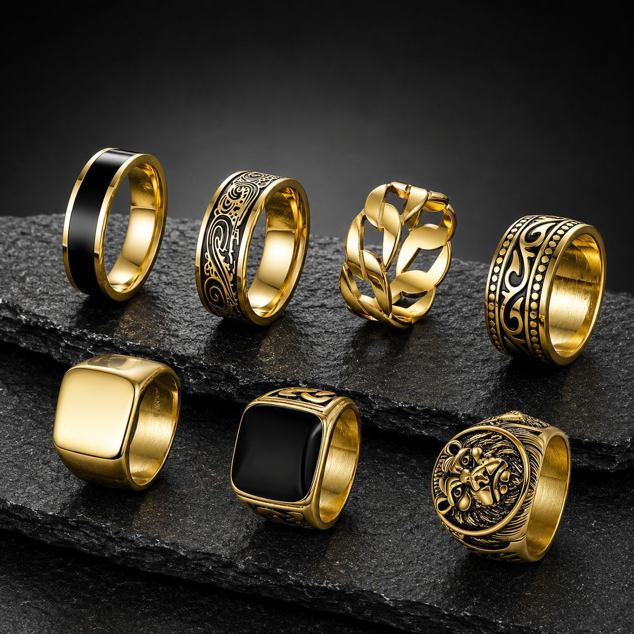 Mens Retro Engraved Lion Head Ring Set by Planderful Everyday Genie Unisex Protection Statement European American Style