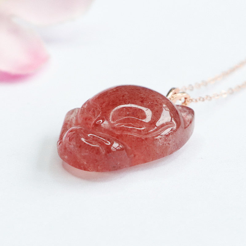 Strawberry Quartz Fox 925 Silver Pendant — No Chain