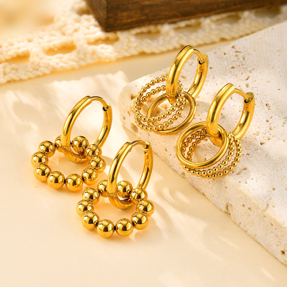 Beaded Circle Charm Hoop Earrings — 2 Gold Styles
