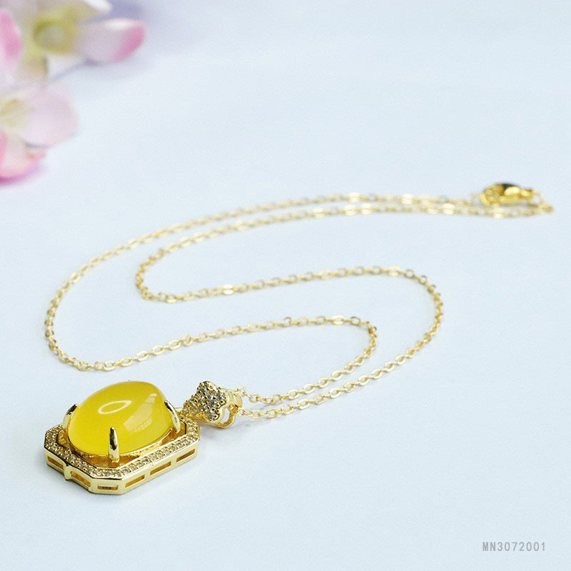 Yellow Chalcedony Oval Plaque Pendant — No Chain